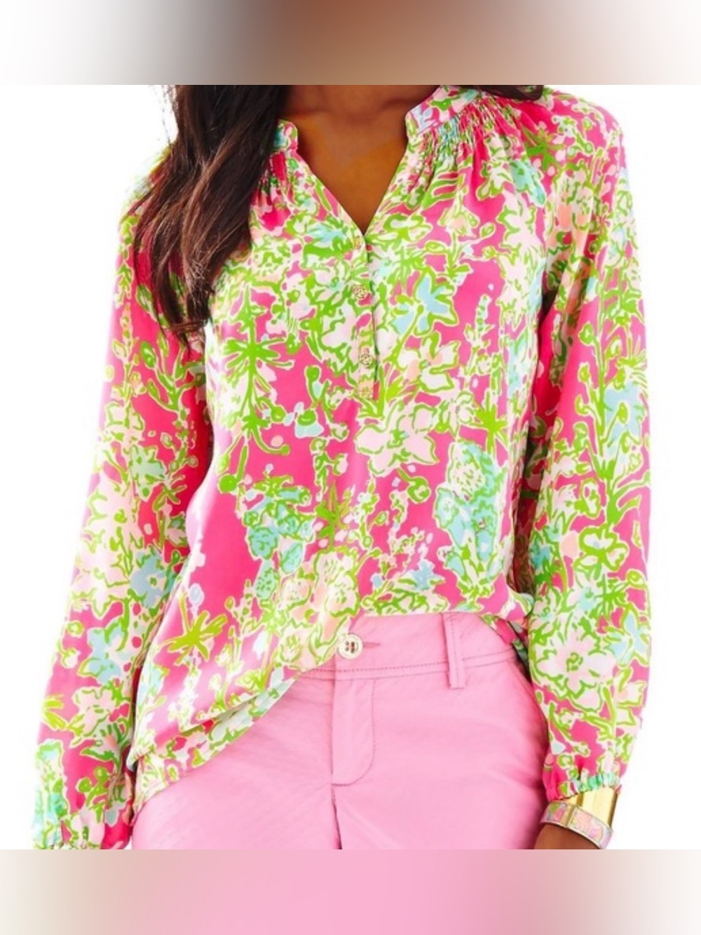 Lilly‎ Pulitzer NWT Elsa Silk Top Flamingo Pink Southern Charm Floral Sz M